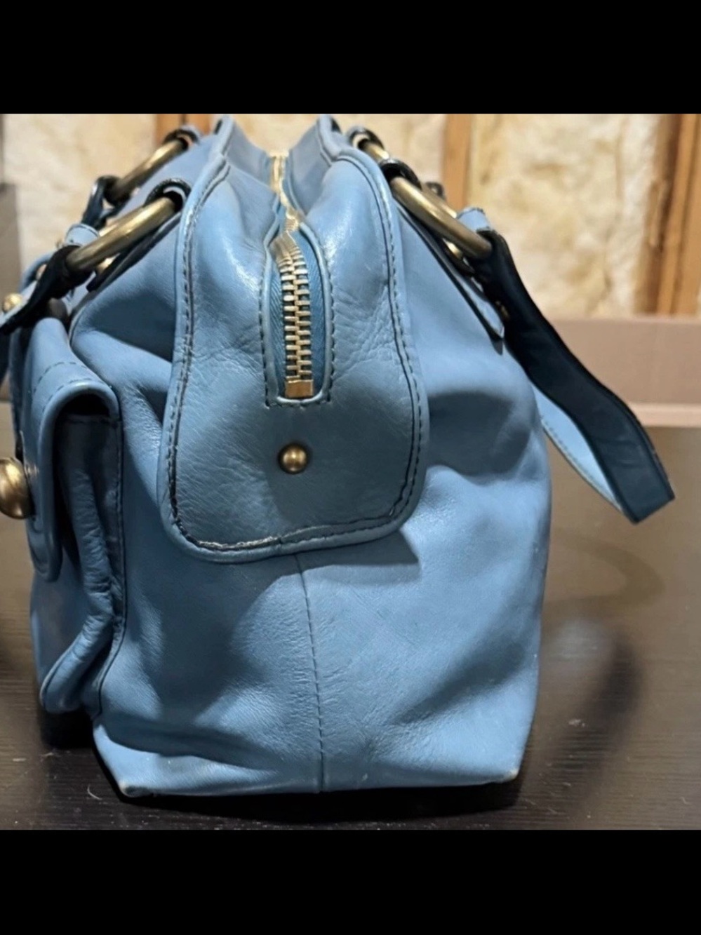Marc Jacobs Light Blue Leather Shoulder Bag with Front Pockets. - Picture 5 of 10